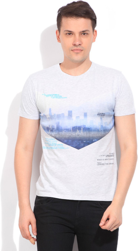 Lee Printed Men Round Neck White, Grey T-Shirt