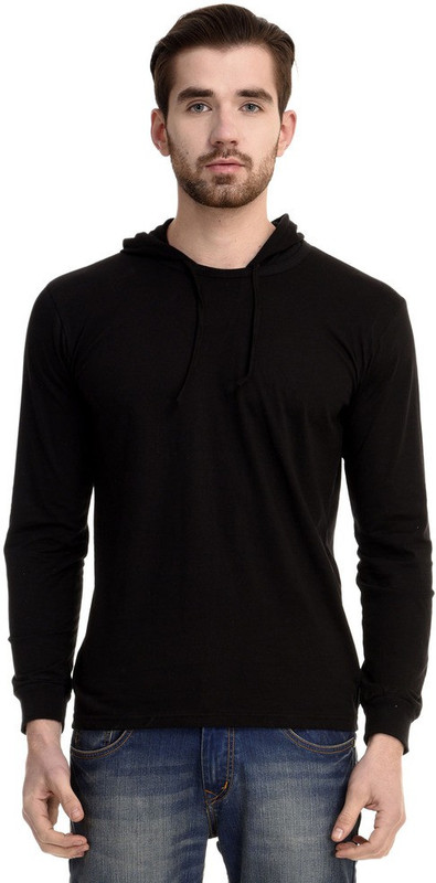 Mi Moda Solid Men Hooded Black T-Shirt
