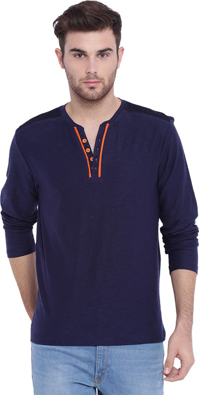 Arise Self Design Men Henley Blue T-Shirt