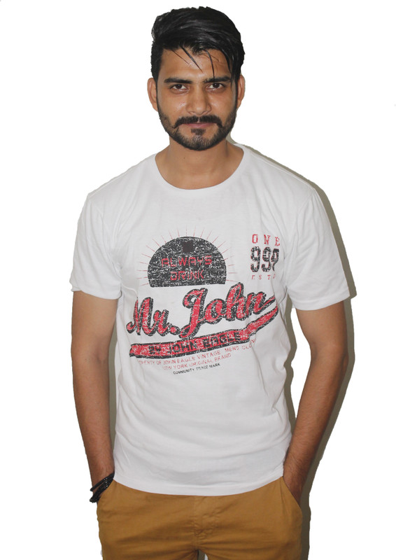 M|S Printed Men Round Neck White T-Shirt
