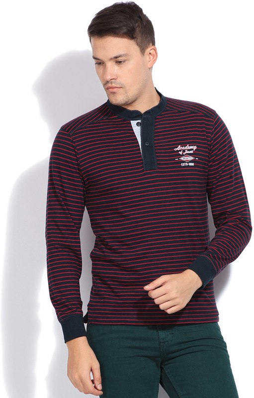 Mufti Striped Men Henley Red, Blue T-Shirt