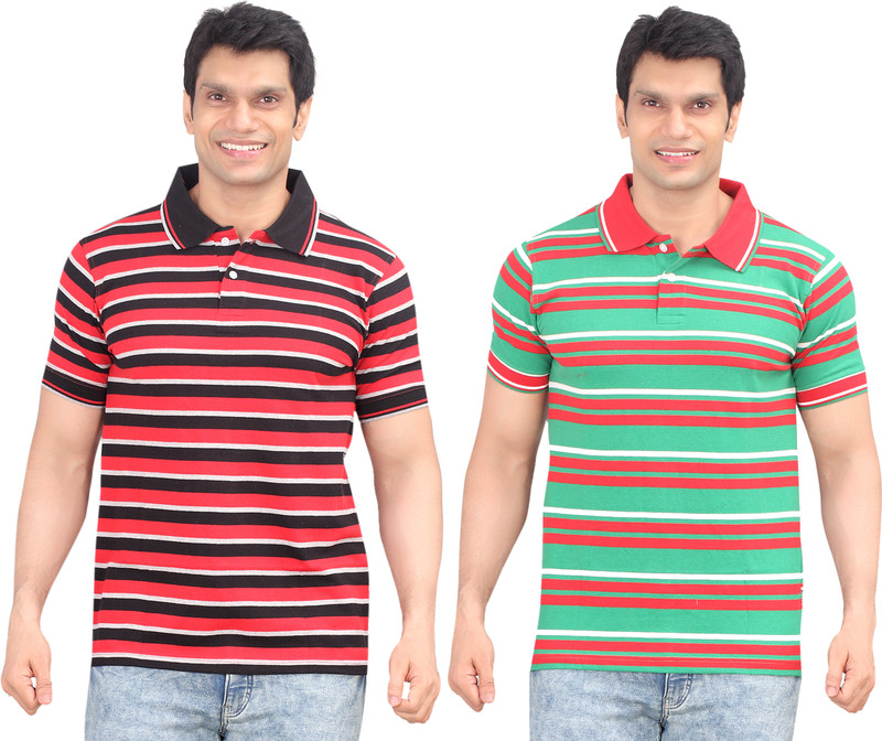 Zebu Striped Men Polo Neck Black, Green T-Shirt(Pack of 2)