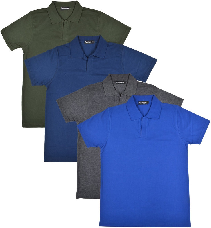Pintapple Solid Men Polo Neck Blue, Grey, Dark Blue, Dark Green T-Shirt(Pack of 4)