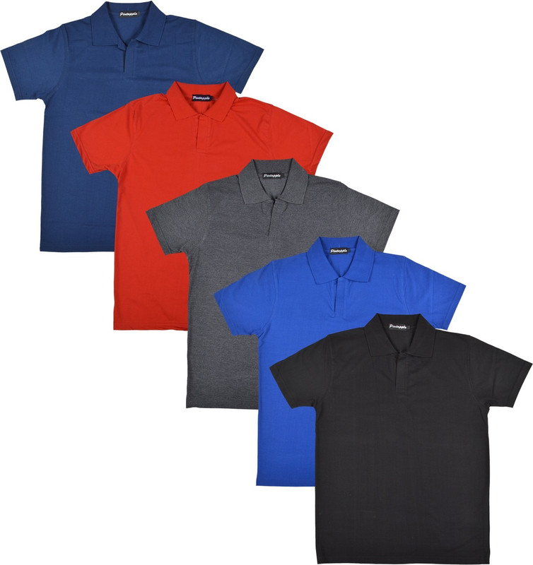 Pintapple Solid Men Polo Neck Black, Blue, Grey, Red, Dark Blue T-Shirt(Pack of 5)