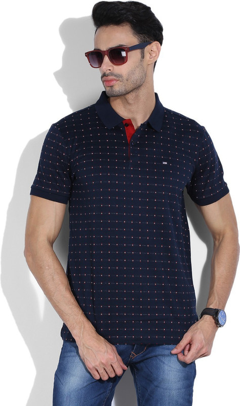 Arrow Sports Printed Men Polo Neck White, Dark Blue, Red T-Shirt