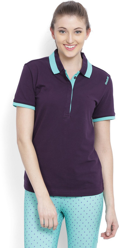 REEBOK Solid Women Polo Neck Dark Blue T-Shirt