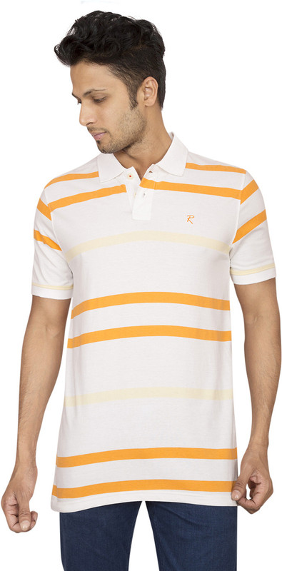 Red Line Striped Men Polo Neck White, Orange T-Shirt