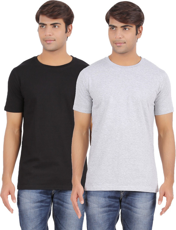 Ap'pulse Solid Men Round or Crew Black, Grey T-Shirt(Pack of 2)