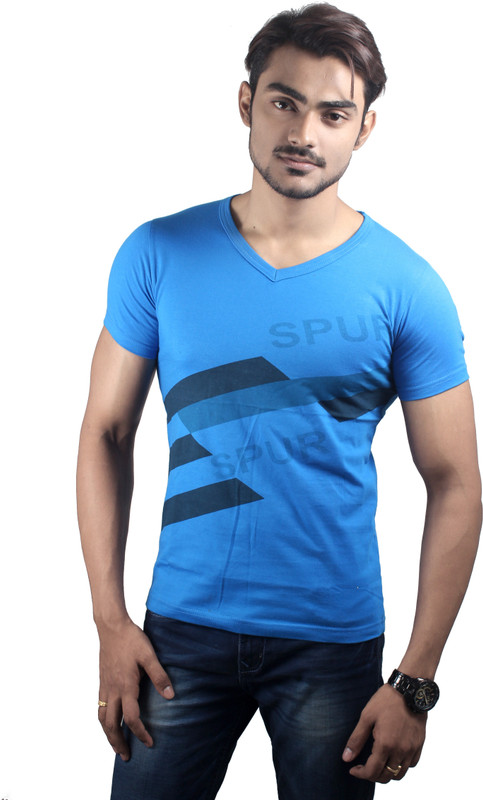 Spur Printed Men V-neck Blue T-Shirt