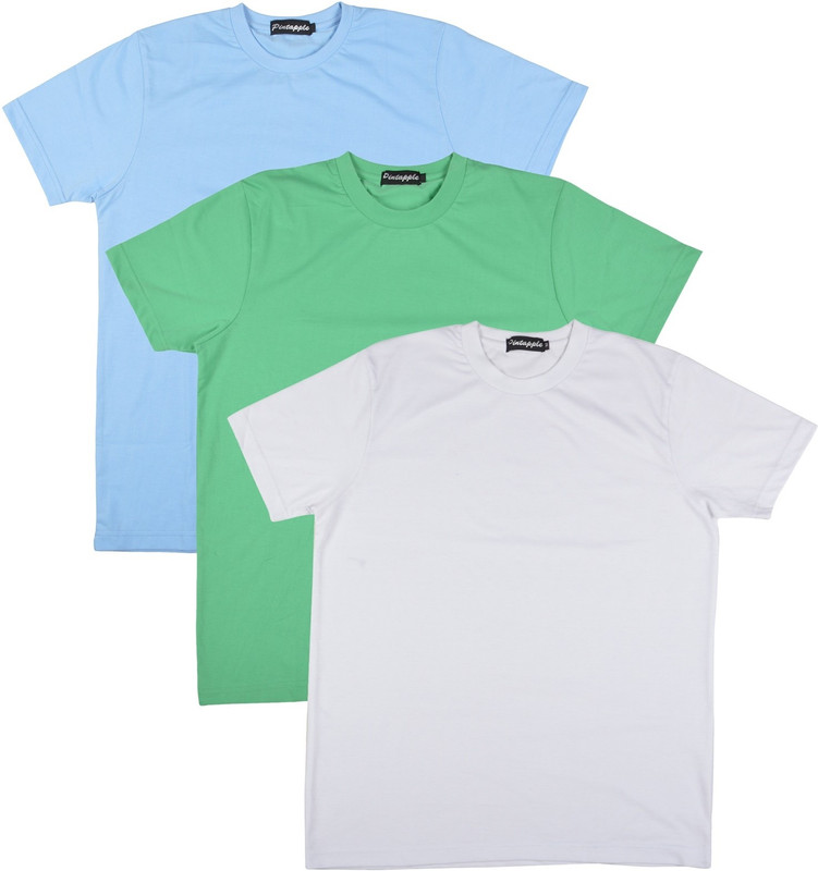 Pintapple Solid Men Round Neck White, Light Green, Light Blue T-Shirt(Pack of 3)