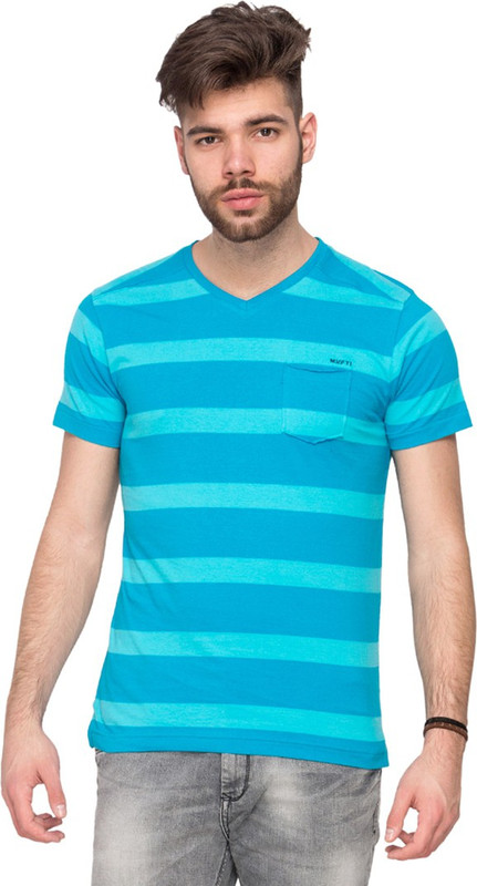 Mufti Striped Men V-neck Light Blue T-Shirt