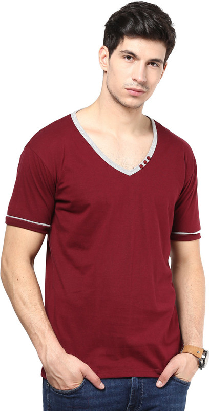 Izinc Color block Men V-Neck Maroon T-Shirt