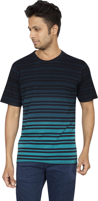 Red Line Striped Men Round Neck Blue T-Shirt