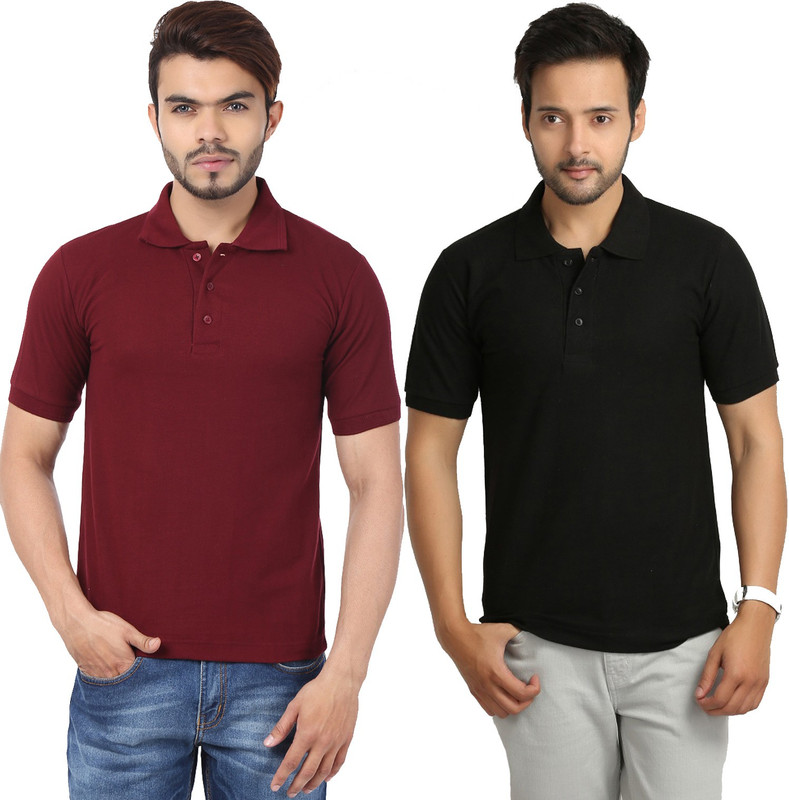 Weardo Solid Men Polo Neck Black, Maroon T-Shirt(Pack of 2)