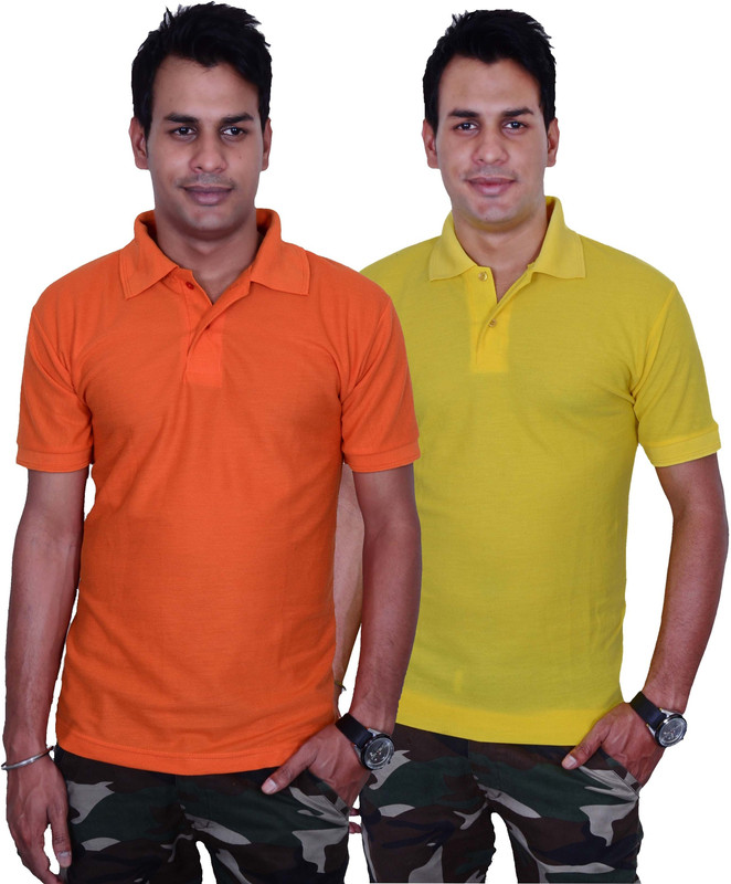 Blaze Solid Men Polo Neck Orange, Yellow T-Shirt(Pack of 2)