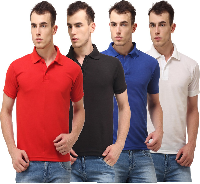 Lime Solid Men Polo Neck Red, Black, White, Blue T-Shirt(Pack of 4)