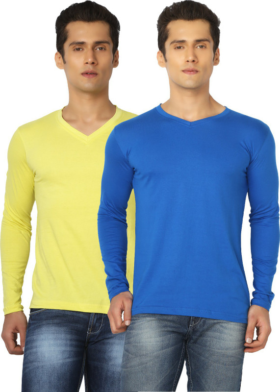 Joke Tees Solid Men V-neck Gold, Blue T-Shirt(Pack of 2)