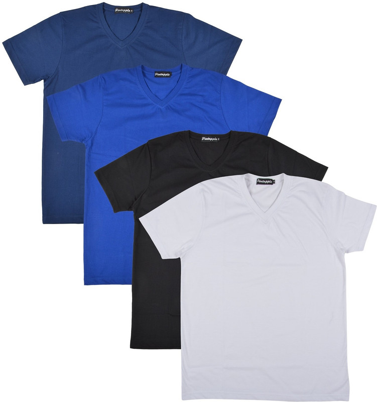 Pintapple Solid Men V-neck White, Black, Blue, Dark Blue T-Shirt(Pack of 4)