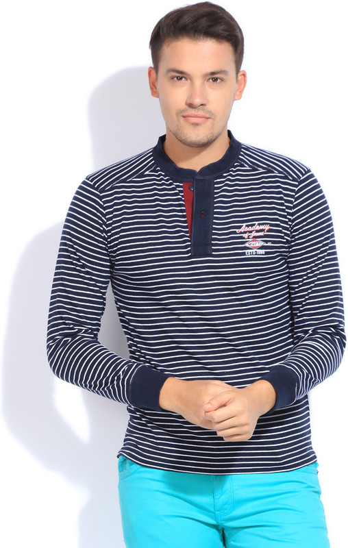 Mufti Striped Men Henley Dark Blue T-Shirt