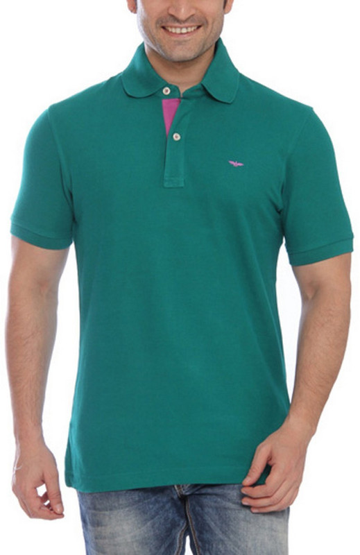 Park Avenue Solid Men Flap Collar Neck Green T-Shirt