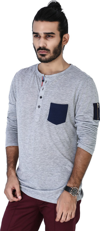 Mr Button Solid Men Henley Grey T-Shirt