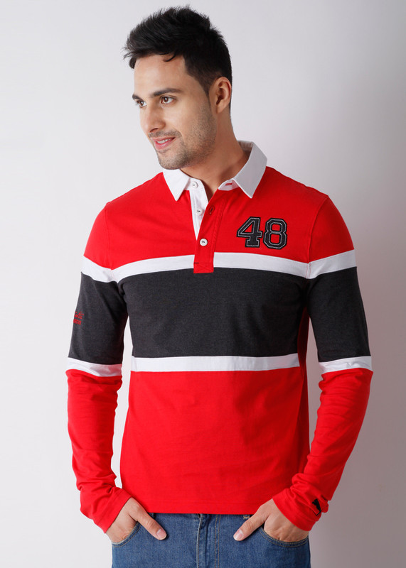 Puma Striped Men Polo Neck Grey, Red T-Shirt