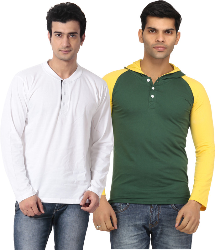 Leana Solid Men Round Neck White, Green T-Shirt(Pack of 2)