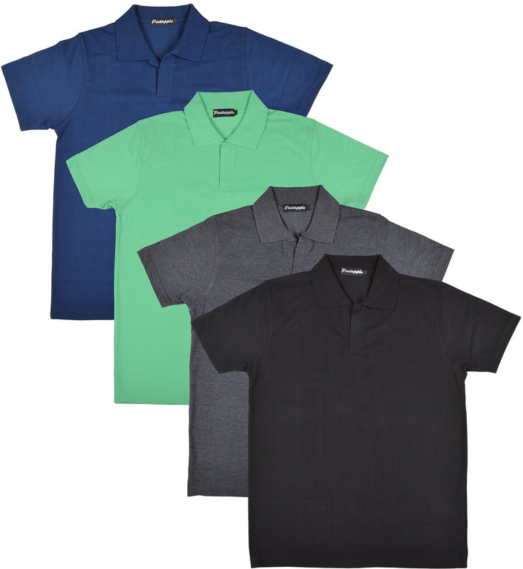 Pintapple Solid Men Polo Neck Black, Grey, Light Green, Dark Blue T-Shirt(Pack of 4)