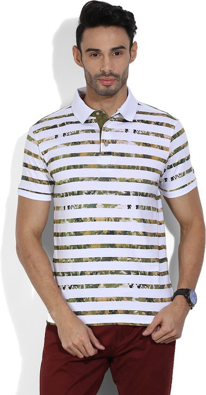 Arrow Sports Striped Men Polo Neck White T-Shirt
