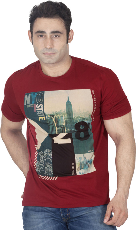 ISHWA Graphic Print Men Round Neck Maroon T-Shirt