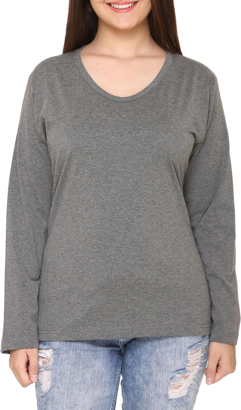 Colors & Blends Solid Women V-neck Grey T-Shirt