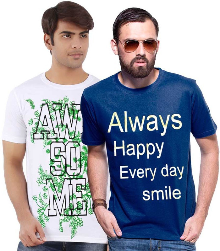 Cool Club Printed Men Round Neck White, Blue T-Shirt(Pack of 2)