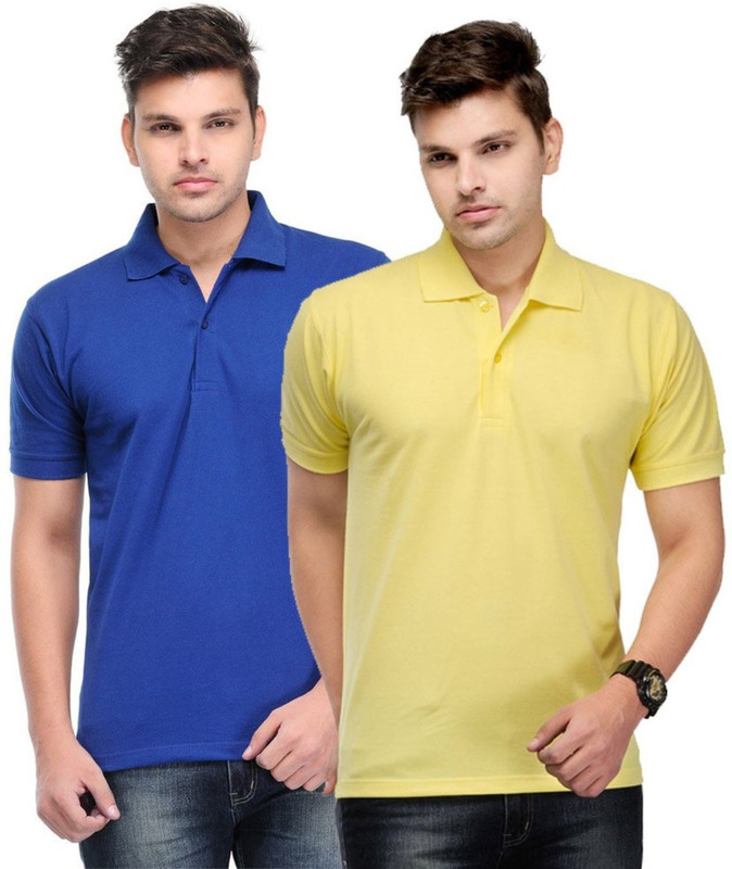 AleganT Solid Men Polo Neck Yellow, Blue T-Shirt(Pack of 2)