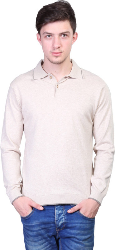 Kalt Solid Men Polo Neck Beige T-Shirt
