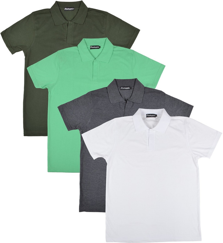 Pintapple Solid Men Polo Neck White, Grey, Light Green, Dark Green T-Shirt(Pack of 4)