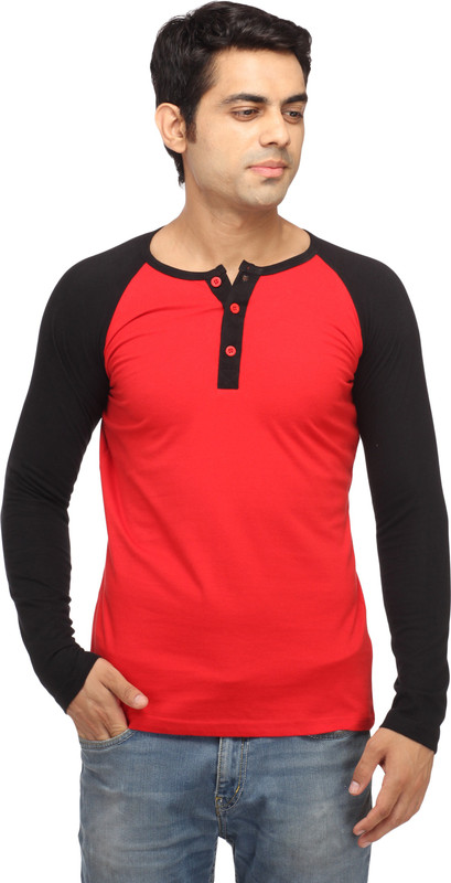Leana Solid Men Round Neck Black, Red T-Shirt