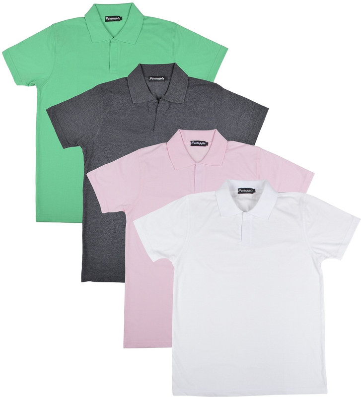 Pintapple Solid Men Polo Neck White, Pink, Grey, Light Green T-Shirt(Pack of 4)
