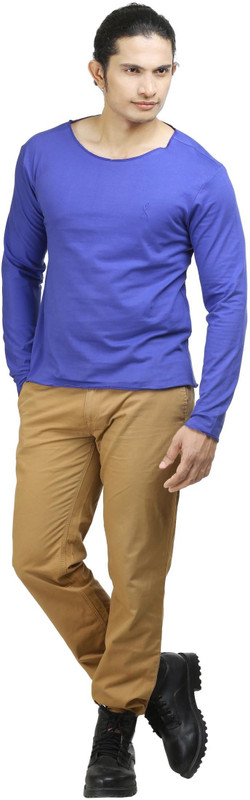 Oviyon Solid Men Boat Neck Blue T-Shirt