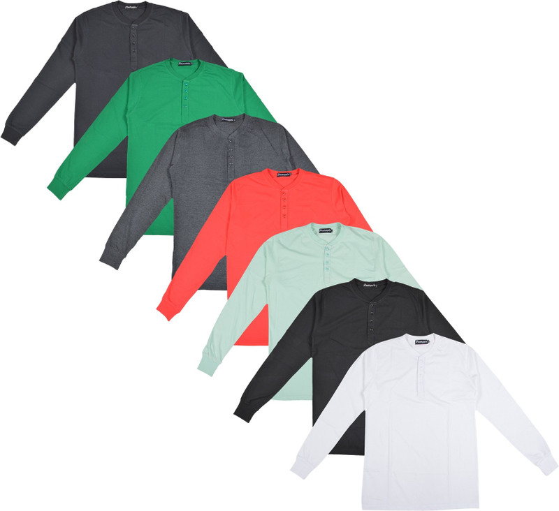 Pintapple Solid Men Henley Light Green, Red, Grey, Green, Black, Black, White T-Shirt(Pack of 7)