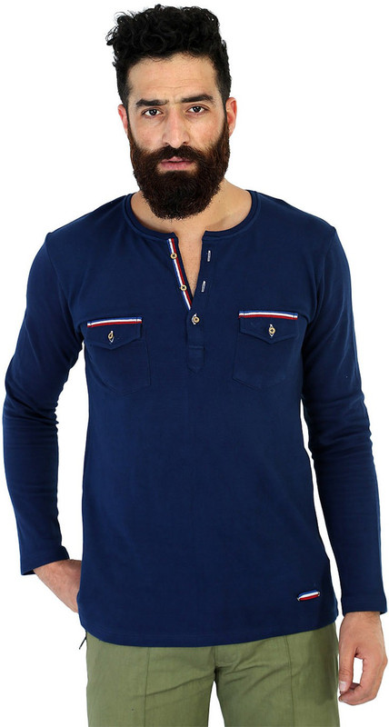 Mr Button Solid Men Henley Dark Blue T-Shirt