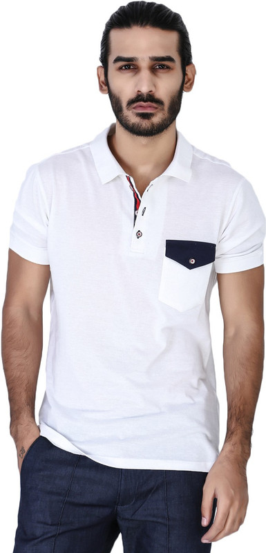 Mr Button Solid Men Polo Neck White T-Shirt
