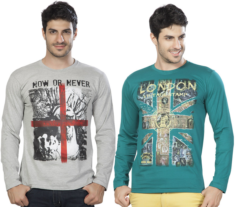 Alan Jones Printed Men Round Neck Grey, Green T-Shirt(Pack of 2)