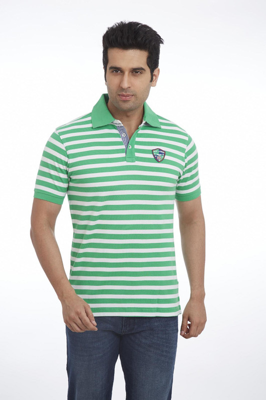 Park Avenue Striped Men Polo Neck Green T-Shirt