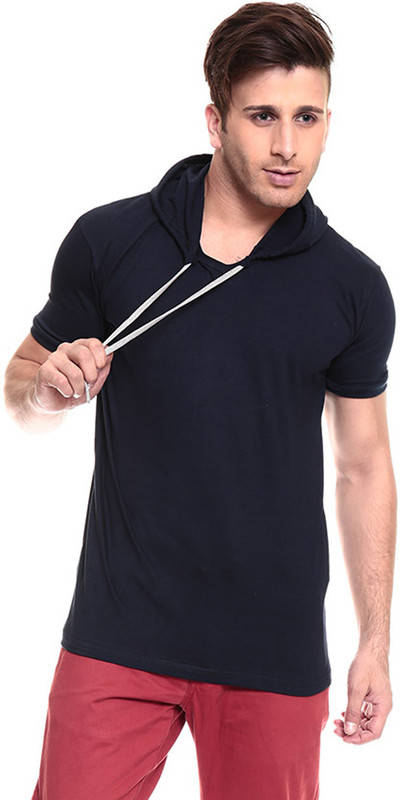 Izinc Solid Men Hooded Dark Blue T-Shirt