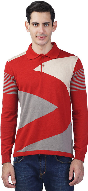Kalt Self Design Men Polo Neck Red T-Shirt