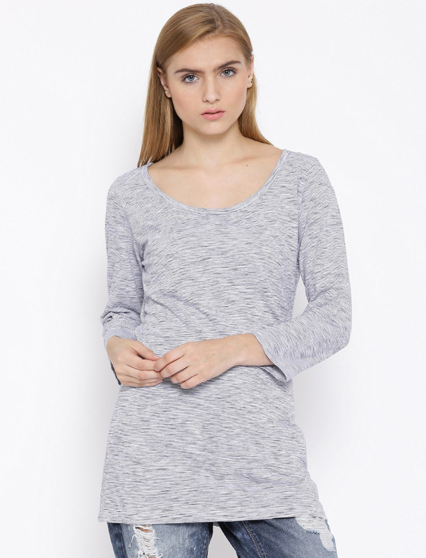 Vaak Striped Women Round Neck Light Blue T-Shirt