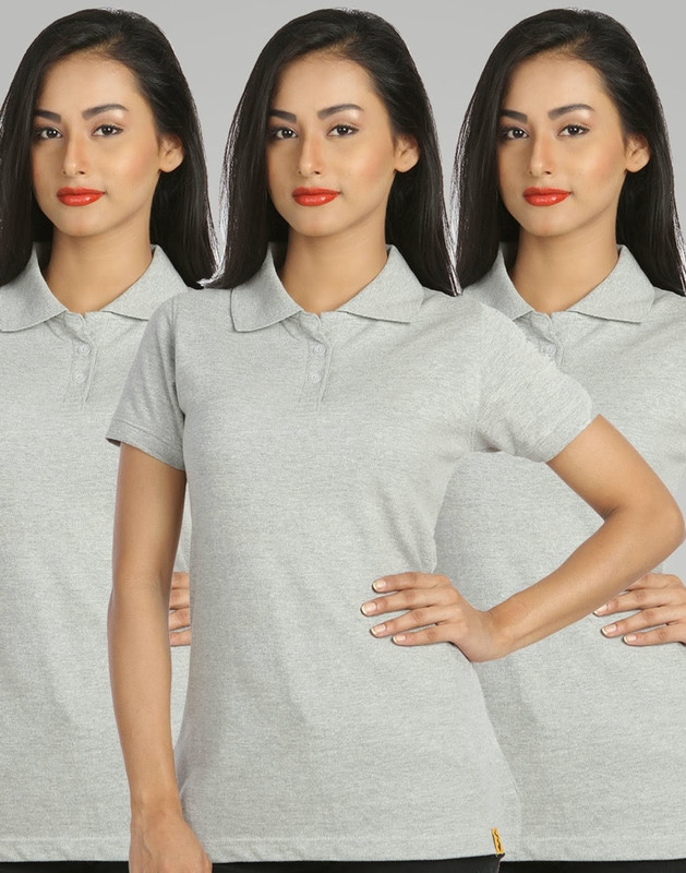 Campus Sutra Solid Women Polo Neck Grey T-Shirt(Pack of 3)
