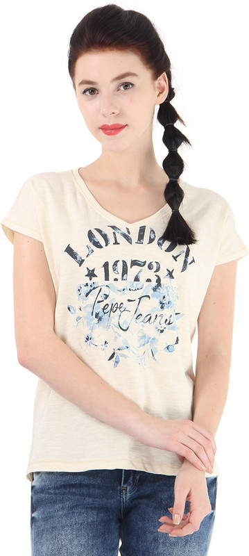 Pepe Jeans Printed Women Round Neck Beige T-Shirt