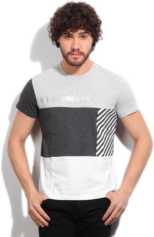 Lee Self Design Men Round Neck White, Grey T-Shirt