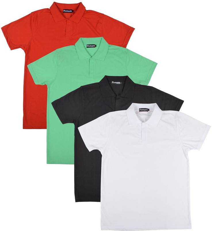 Pintapple Solid Men Polo Neck White, Black, Light Green, Red T-Shirt(Pack of 4)